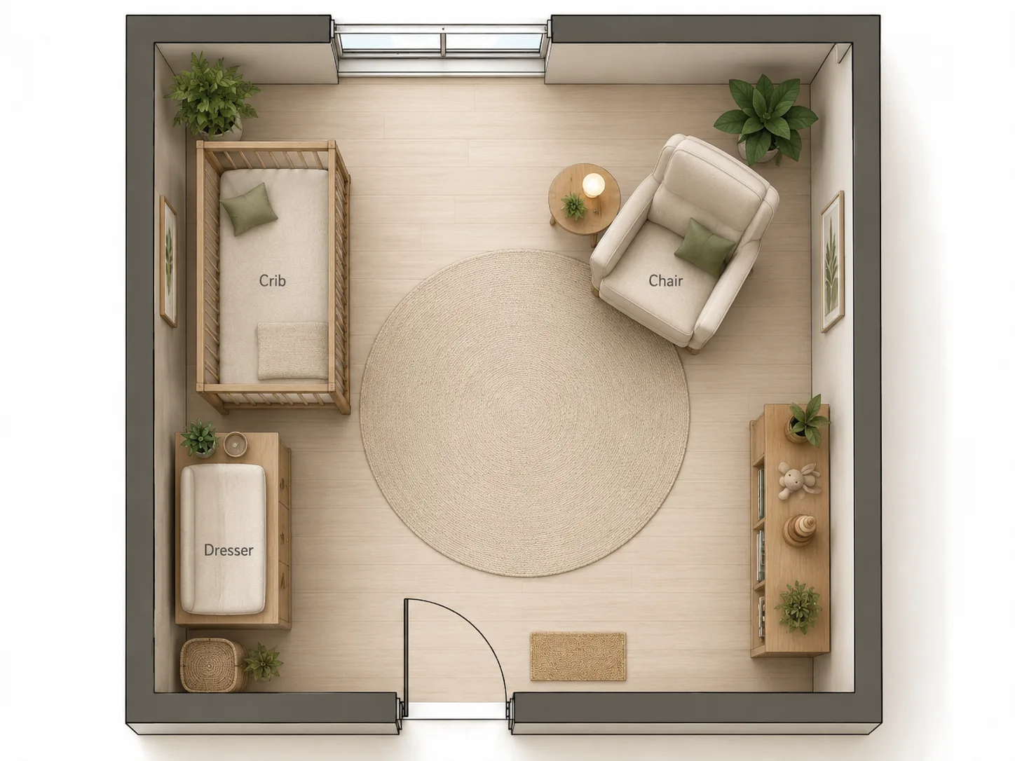Top-down nursery layout with crib, dresser, chair, night lamp, plants, and an open center rug