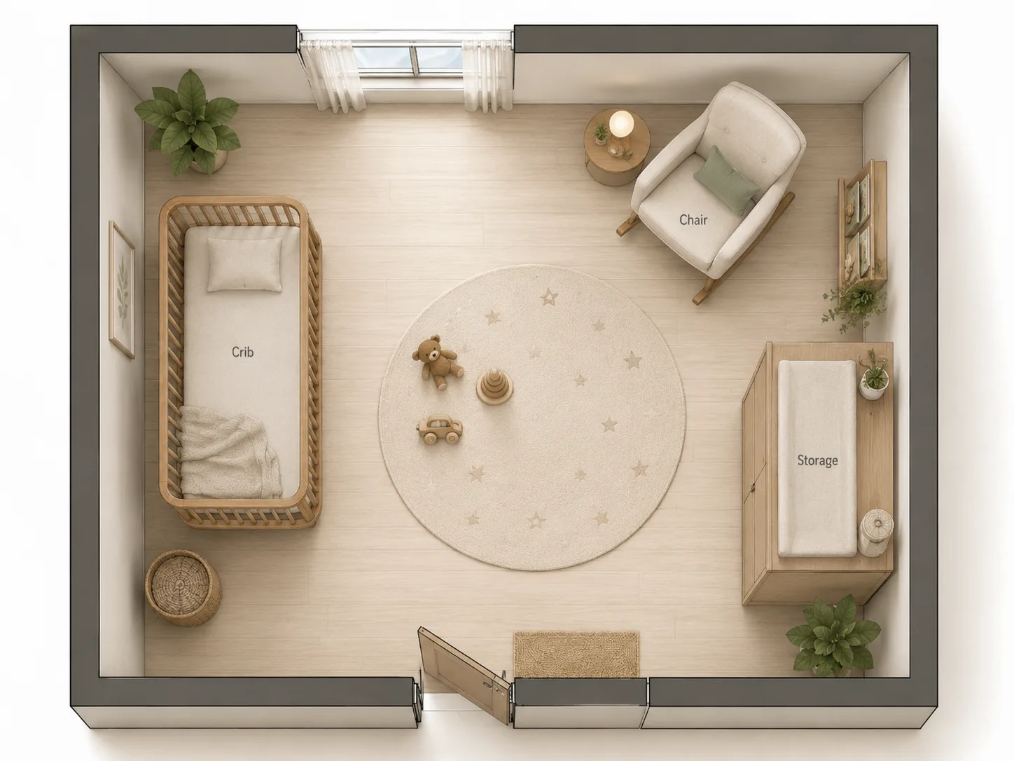 Top-down nursery plan with crib on a calm wall, rocker, storage, soft rug, and clear entry path