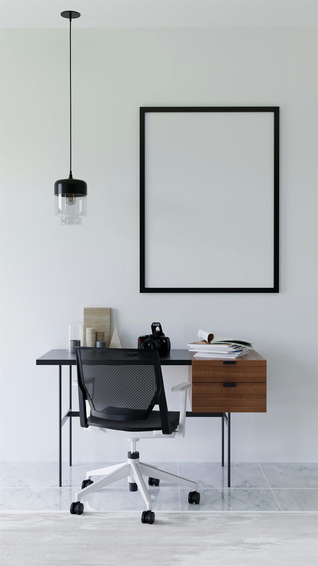 Office with muted wall color, wood desk, and calmer layered styling