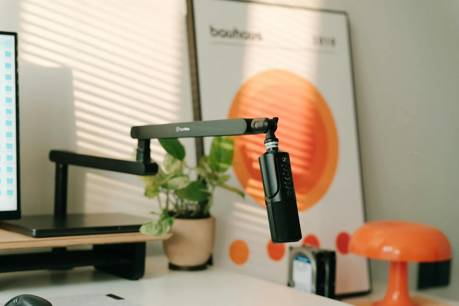 Close home office setup with a small plant and a clean work area