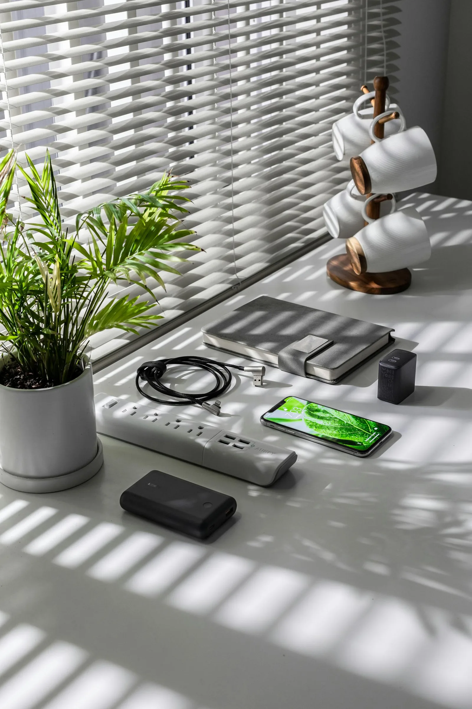 Desk with healthy plant, cable tools, charger, and small daily office items on a bright surface
