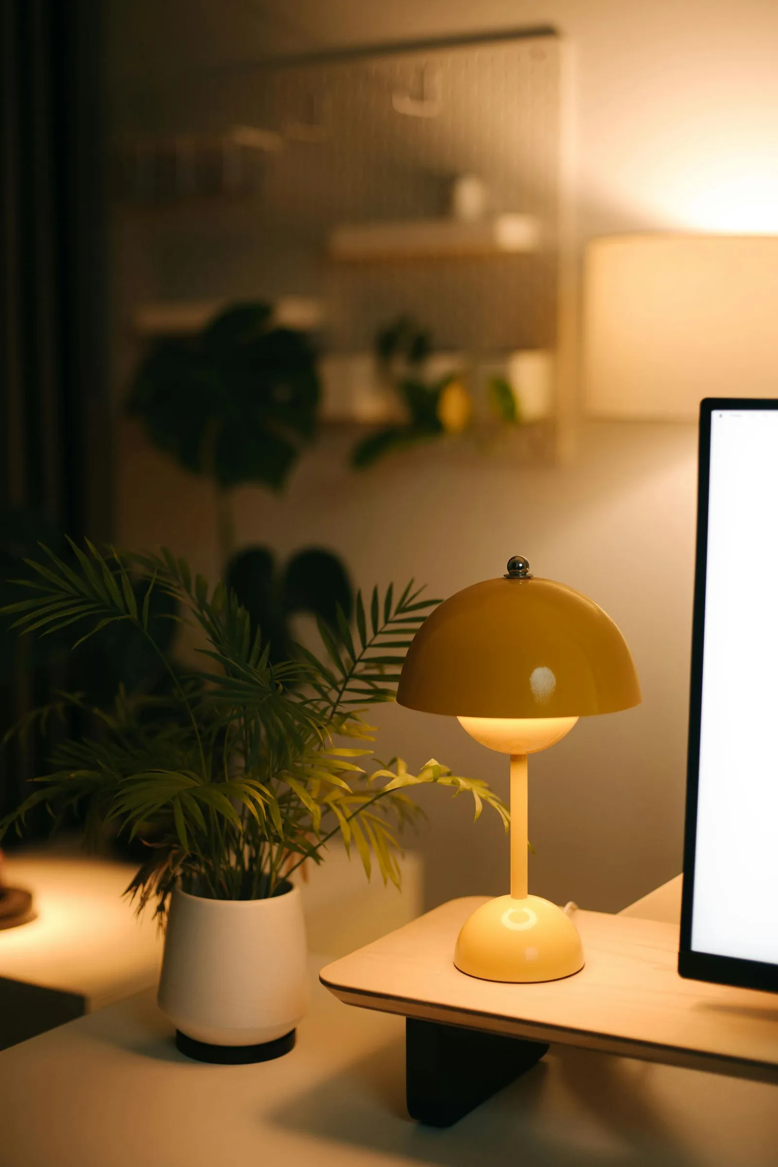 Warm yellow desk lamp beside plants and a monitor in a softly lit office