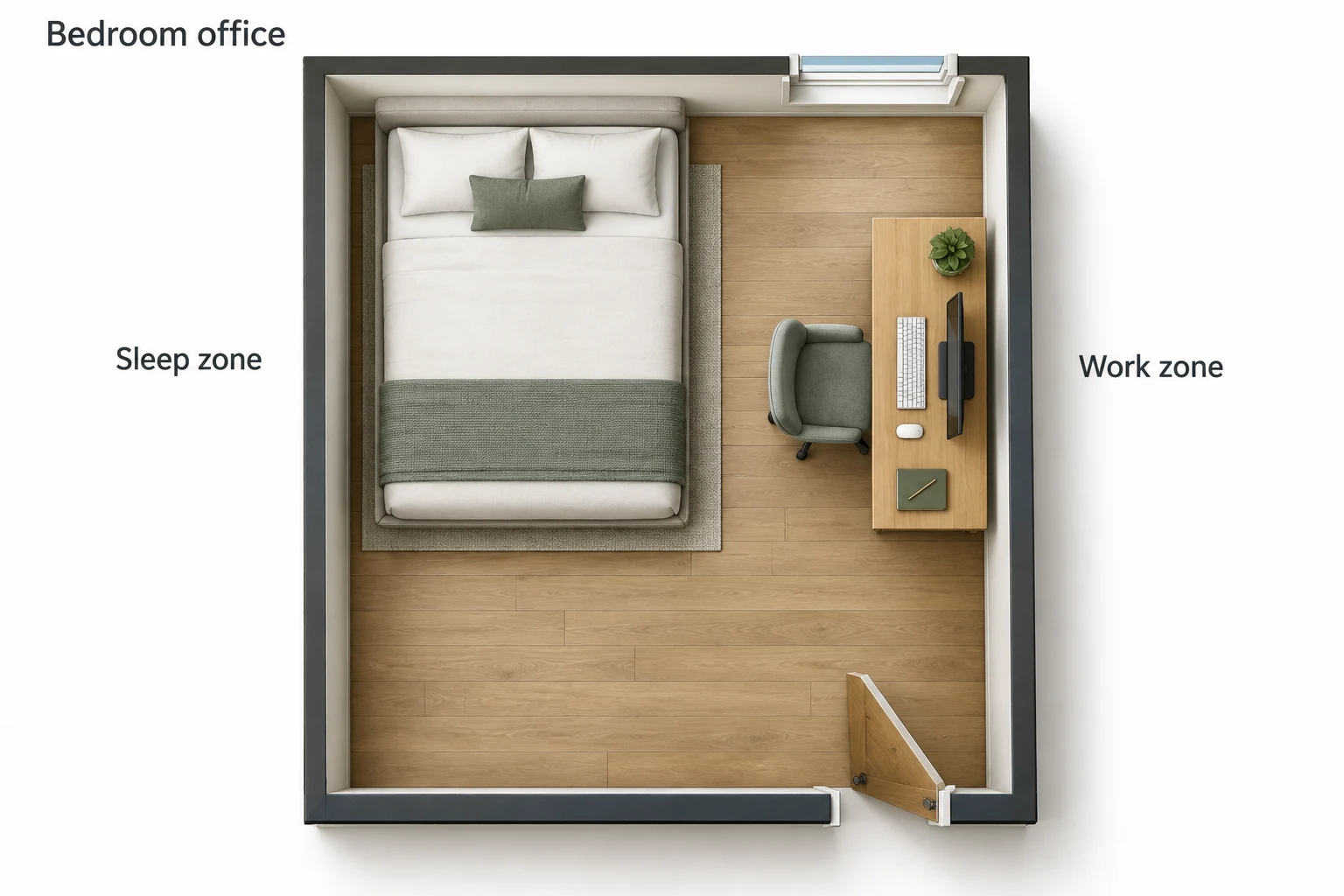 Overhead bedroom with a bed on the left and desk against the right wall, with an open route between the two zones