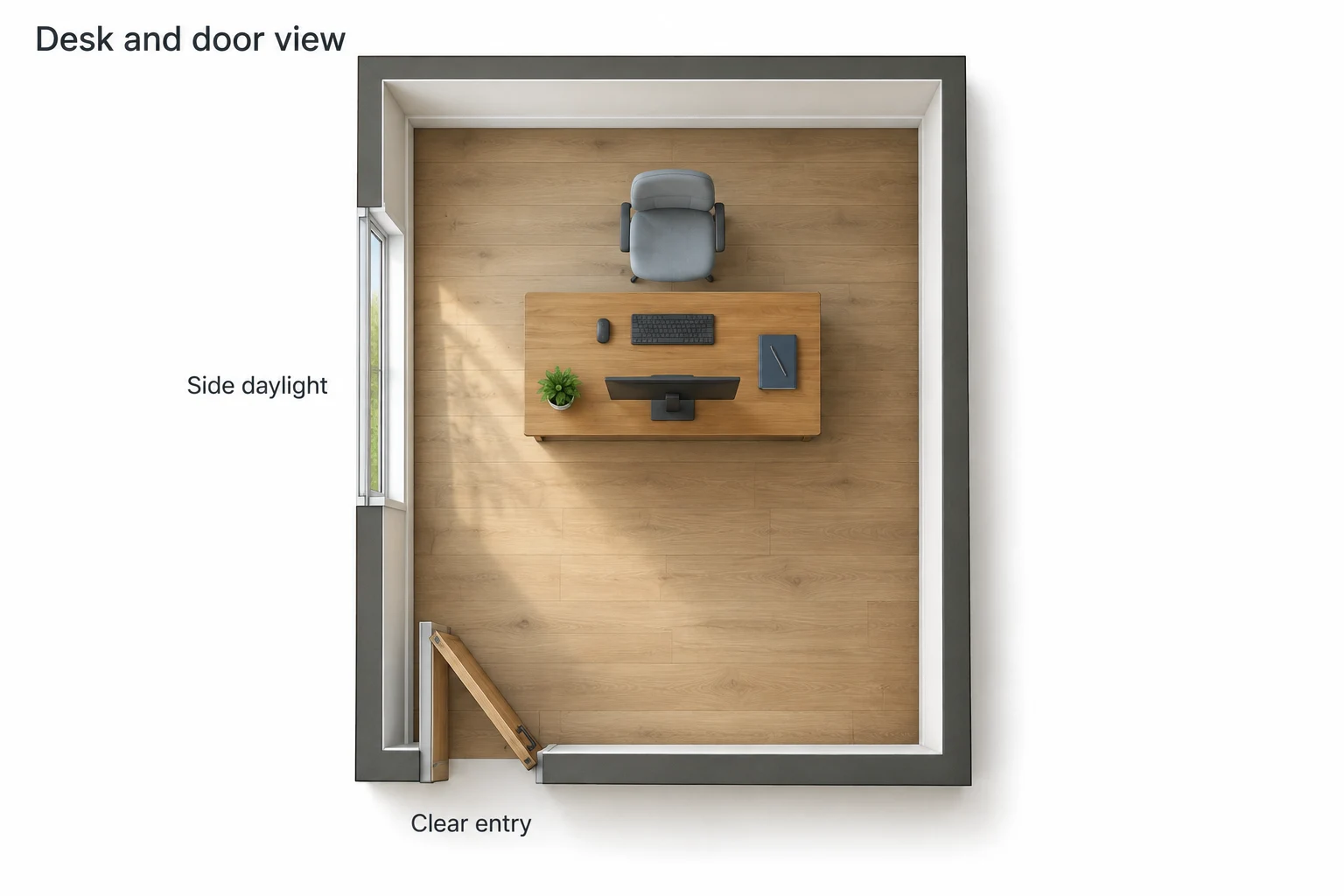 Overhead office layout with a chair behind a freestanding desk, a window on the left and an offset entrance below