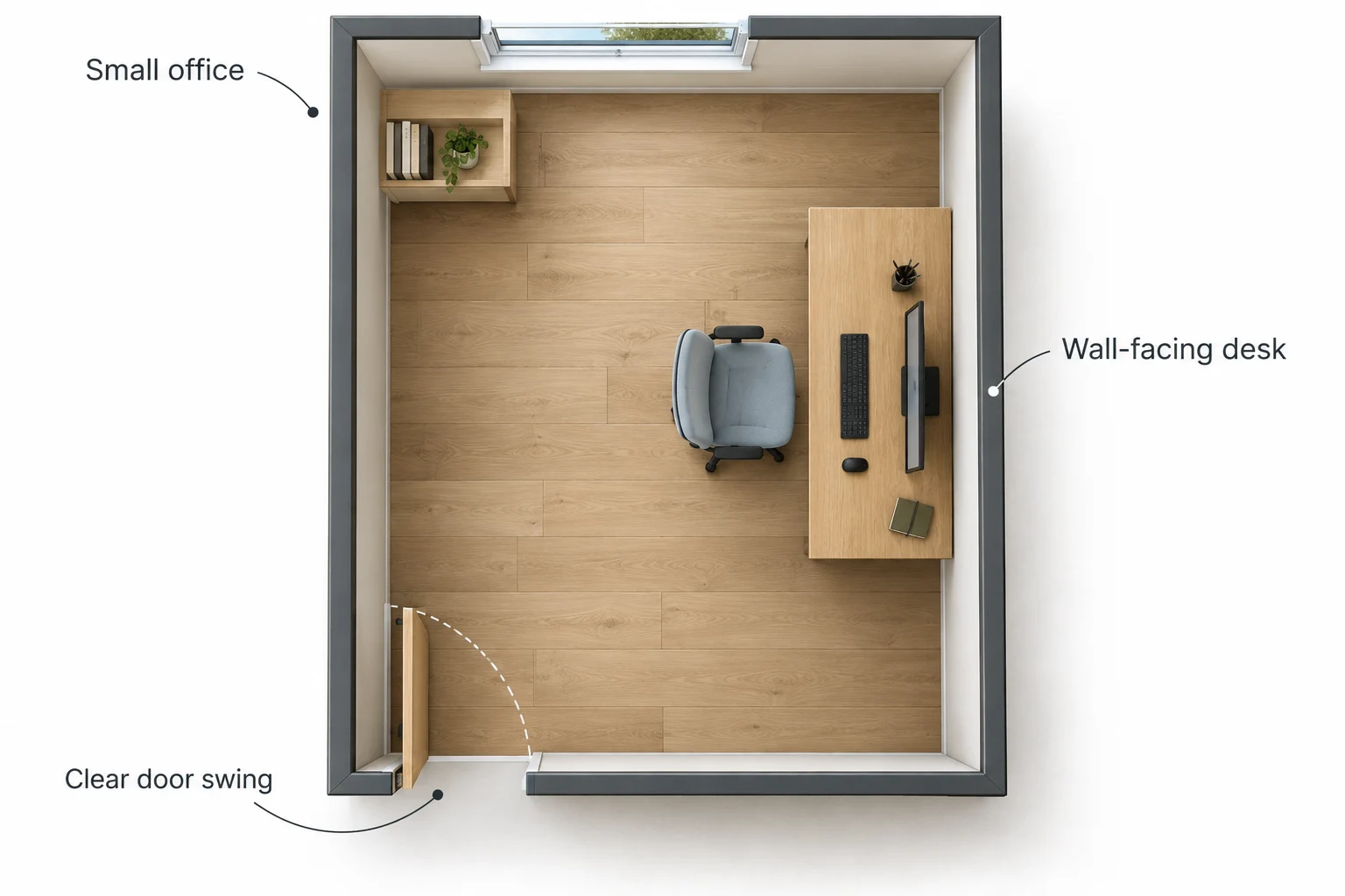 Overhead small office with a desk against the right wall, chair facing the desk, upper window and storage away from the entrance