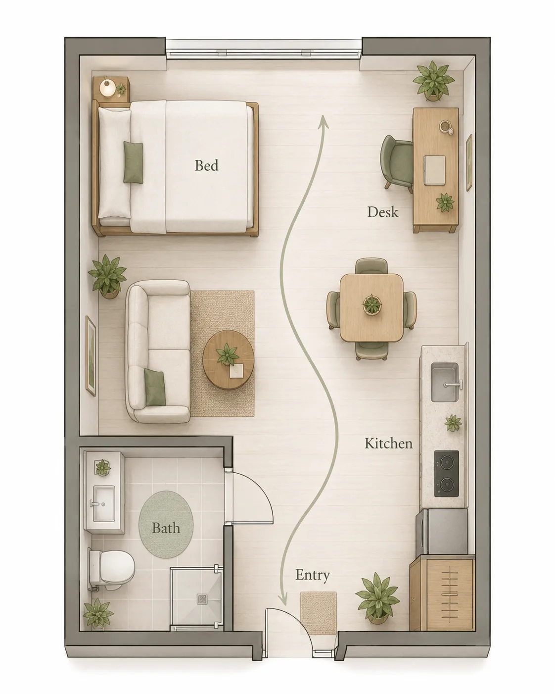 One room apartment floor plan with a protected bed zone, desk, dining area, kitchen edge, bath, and one clear path from the entry