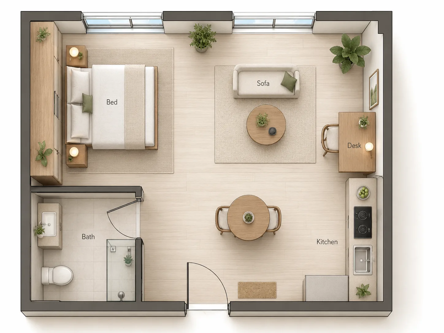 Open one room apartment with bed, sofa, desk, dining table, bath, kitchen wall, and lighter calmer zoning