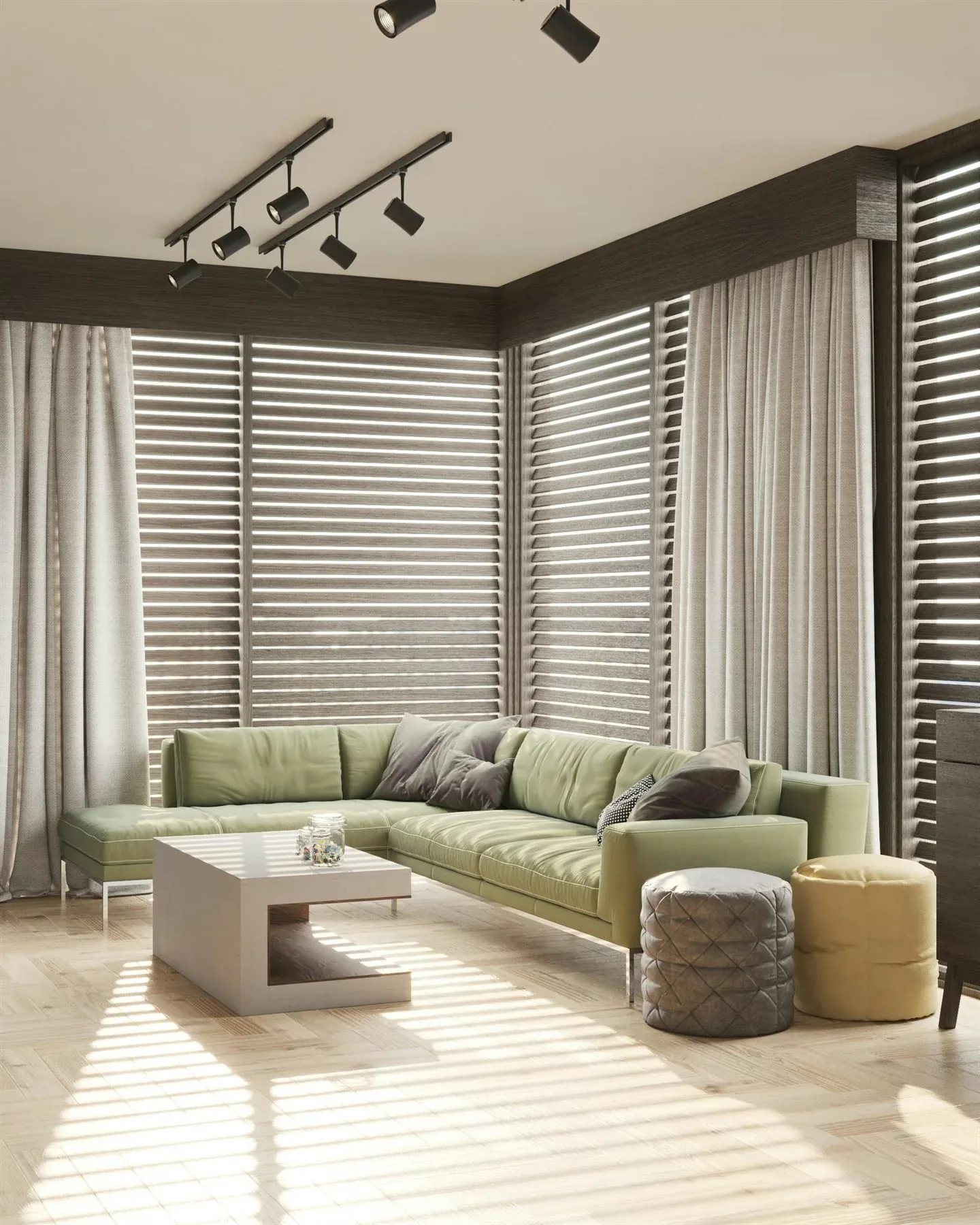 Living room with sage green seating, woven textures, warm curtains, and a grounded neutral palette