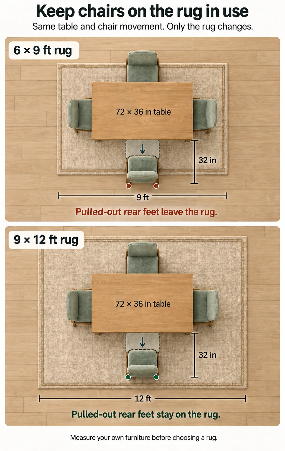 Two overhead dining concepts showing a pulled-out chair's rear feet beyond a smaller rug and within a larger rug