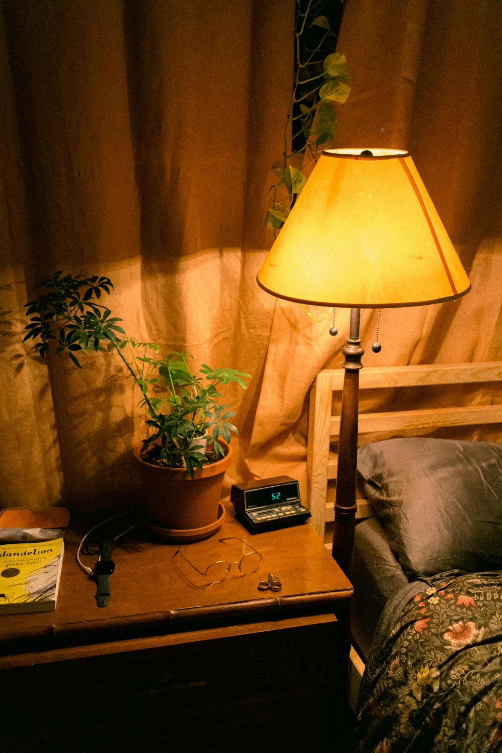 Warm bedroom lamp and nightstand with a plant and calm evening light