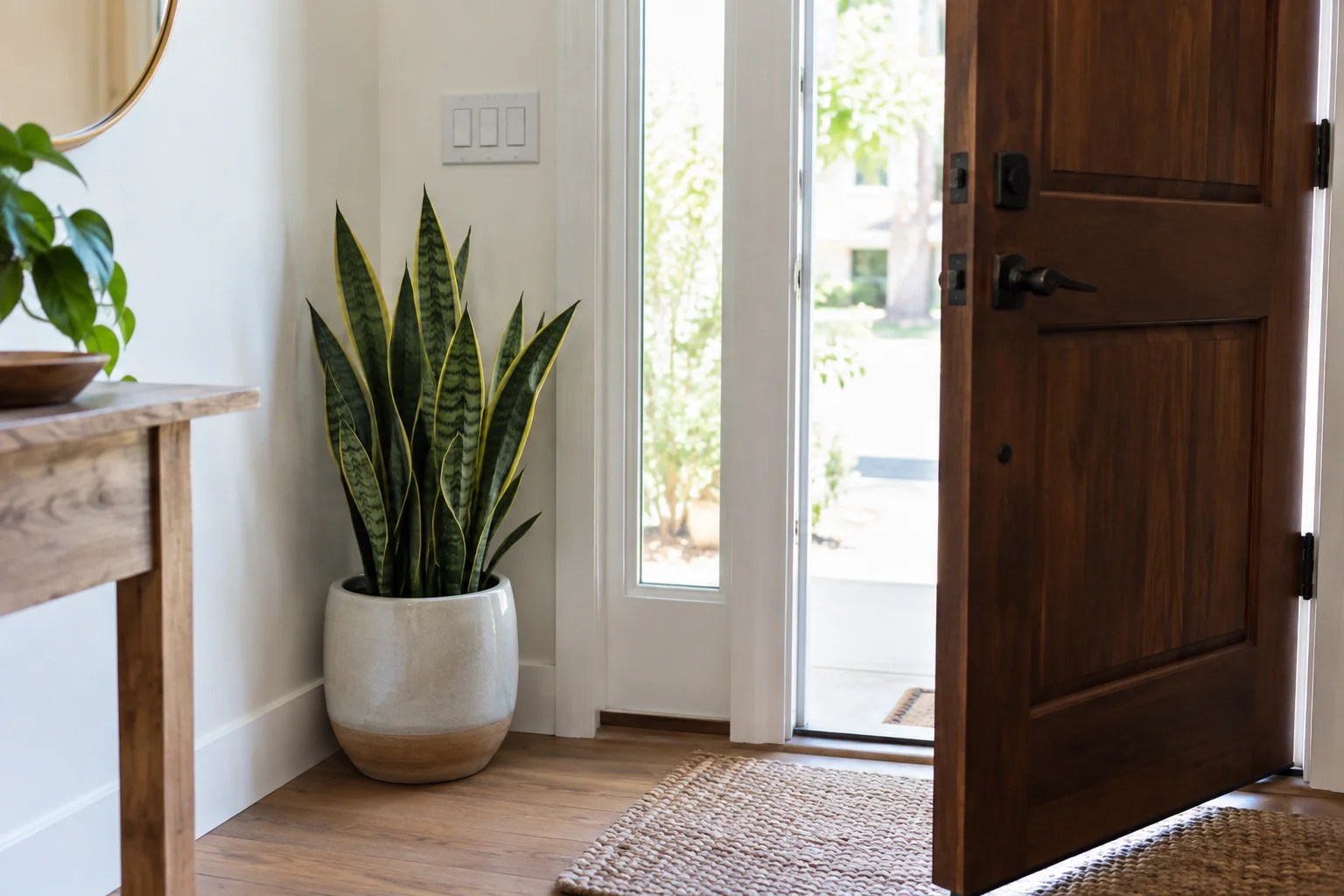 Medium snake plant beside a bright entry sidelight with a clear door swing and walking route
