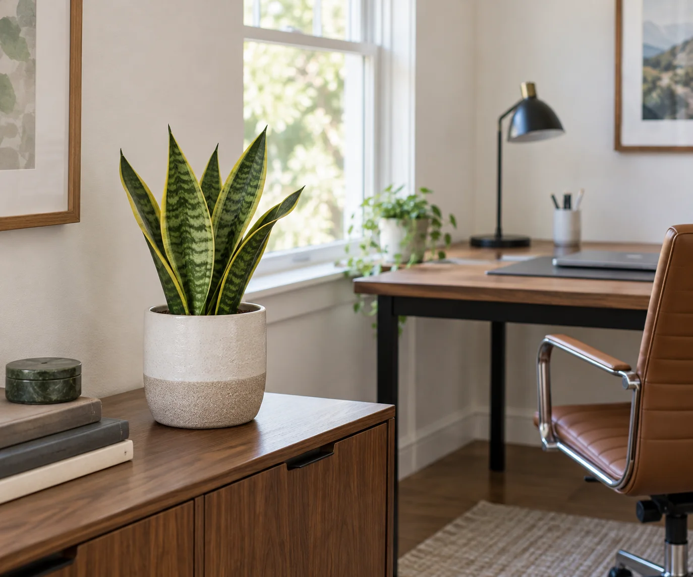 Compact snake plant in a pot on a side cabinet near a home-office window, with desk space clear