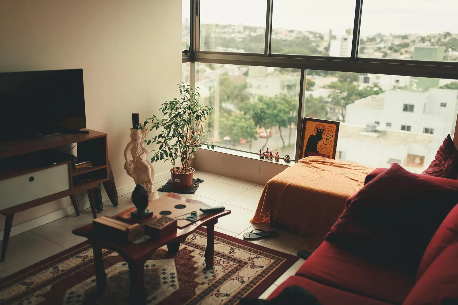 Small studio apartment with bed, sofa, TV, plants, and a window on one side