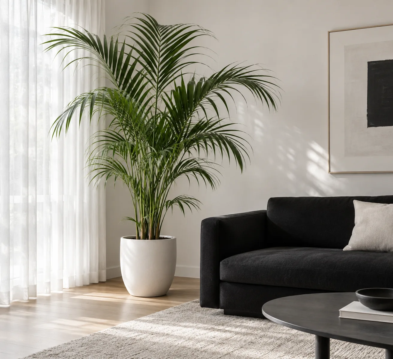 Mature Kentia palm with arching green fronds beside a black sofa in indirect daylight