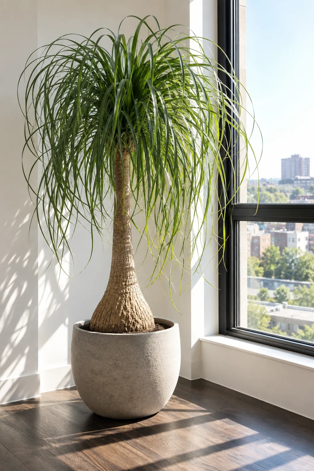 Ponytail palm with swollen trunk and long arching leaves beside a sunny window