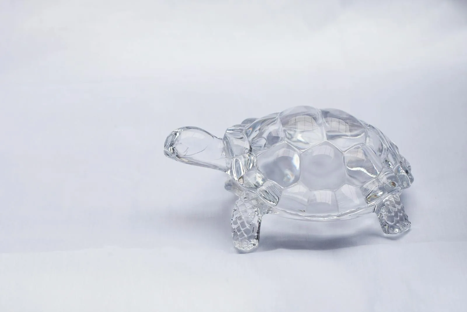 Small clear crystal turtle figurine on a simple white surface