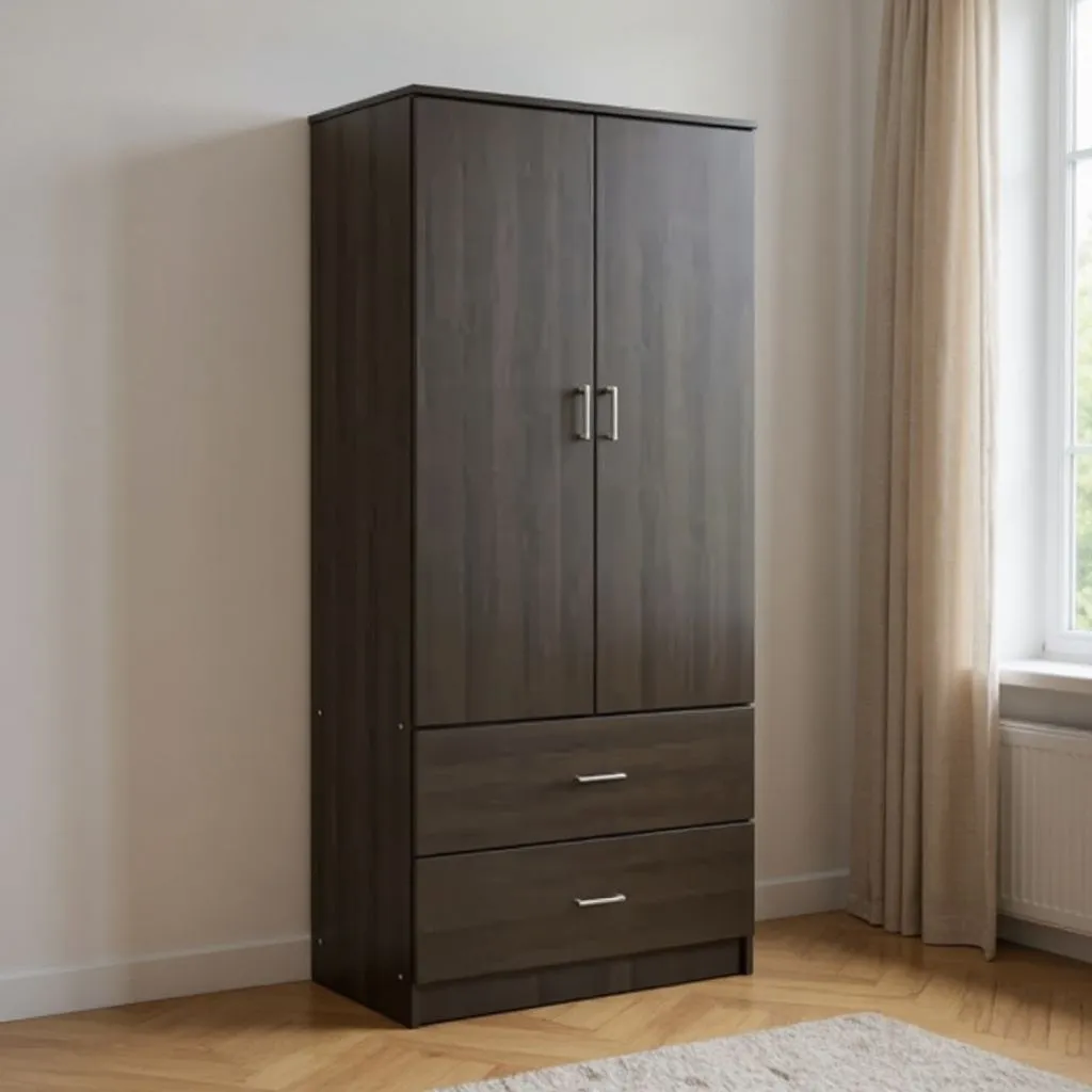 Dark wardrobe with two lower drawers in a quiet bedroom corner