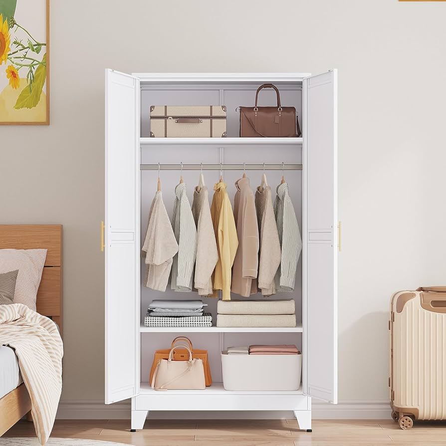 White wardrobe with open doors showing a neat rail, folded linens, and edited shelves
