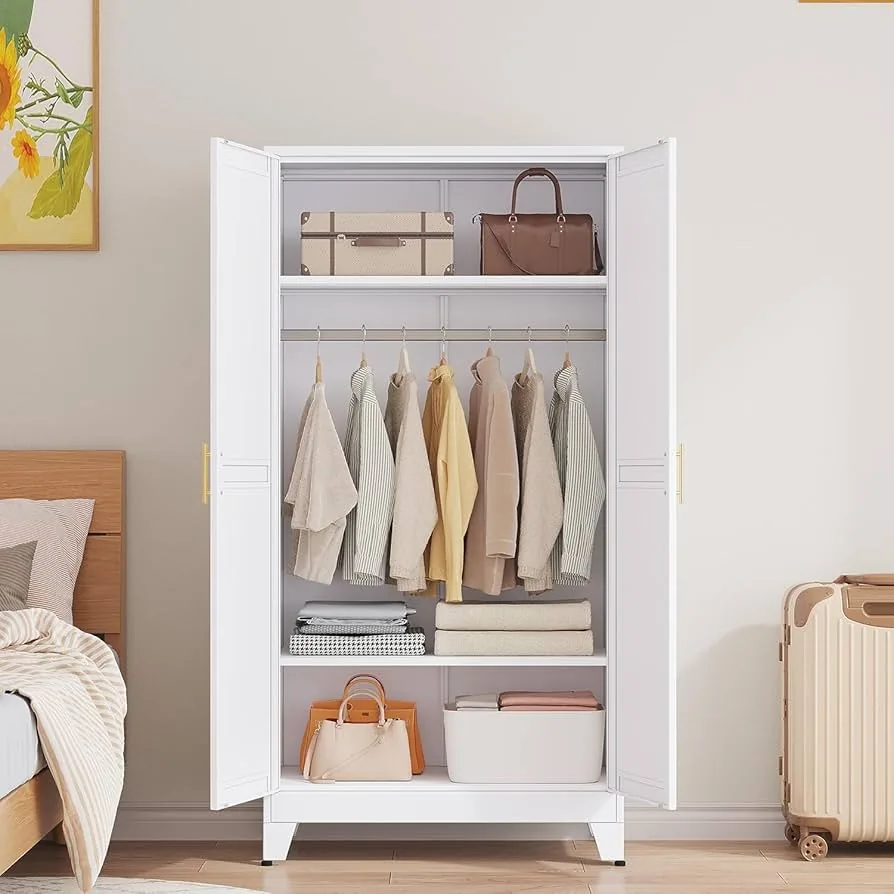 White wardrobe with open doors showing a neat rail, folded linens, and edited shelves