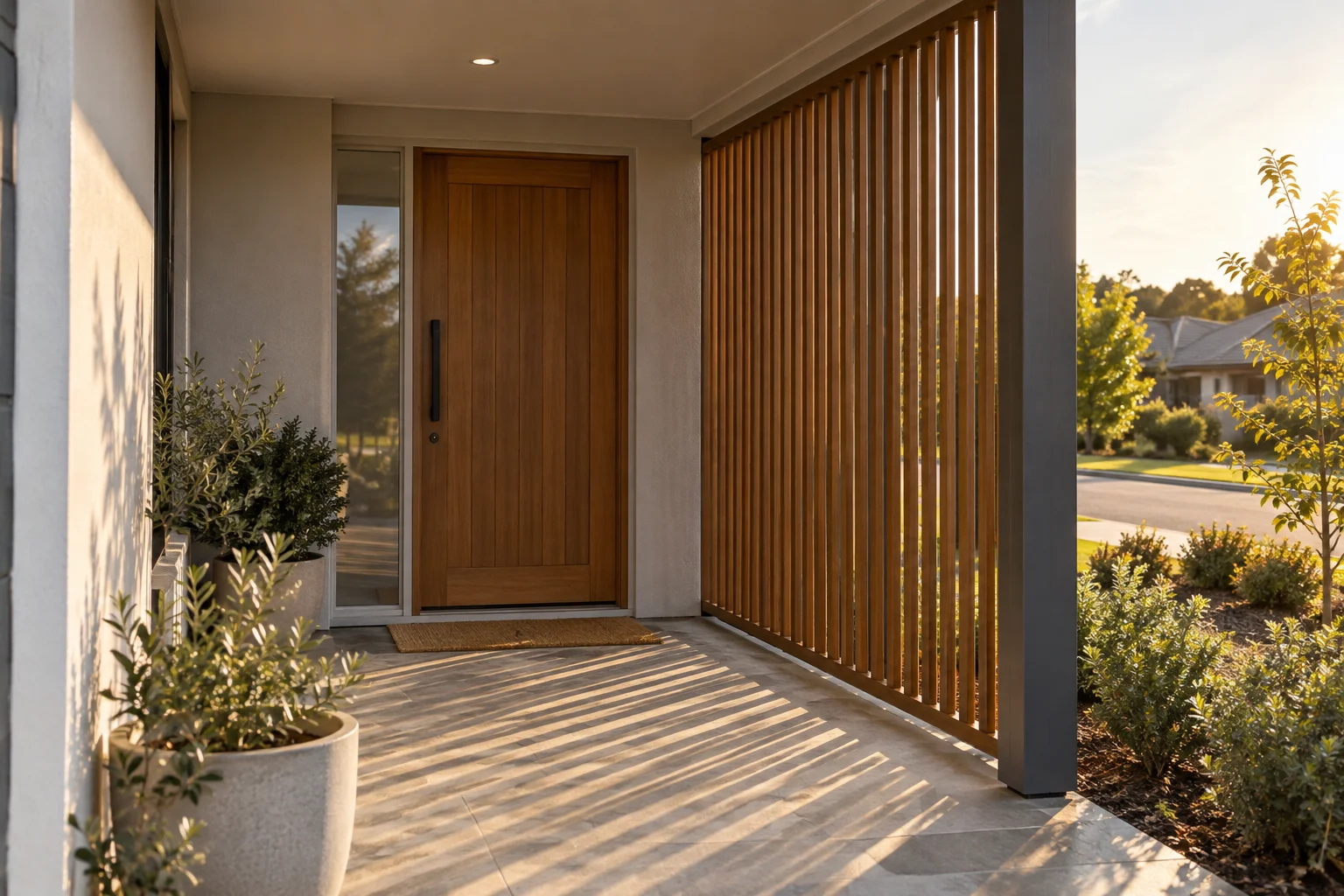 Timber side screen filtering low sunlight beside a covered entrance with a clear approach