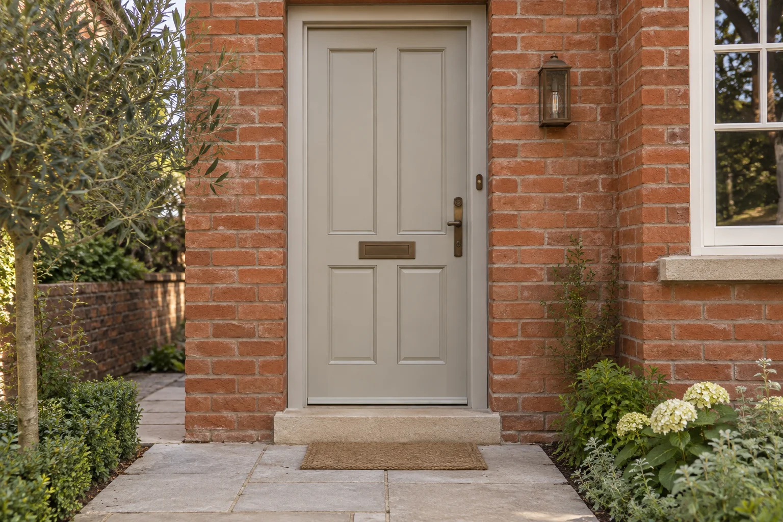 Light greige front door with bronze hardware beside warm red brick and pale stone paving