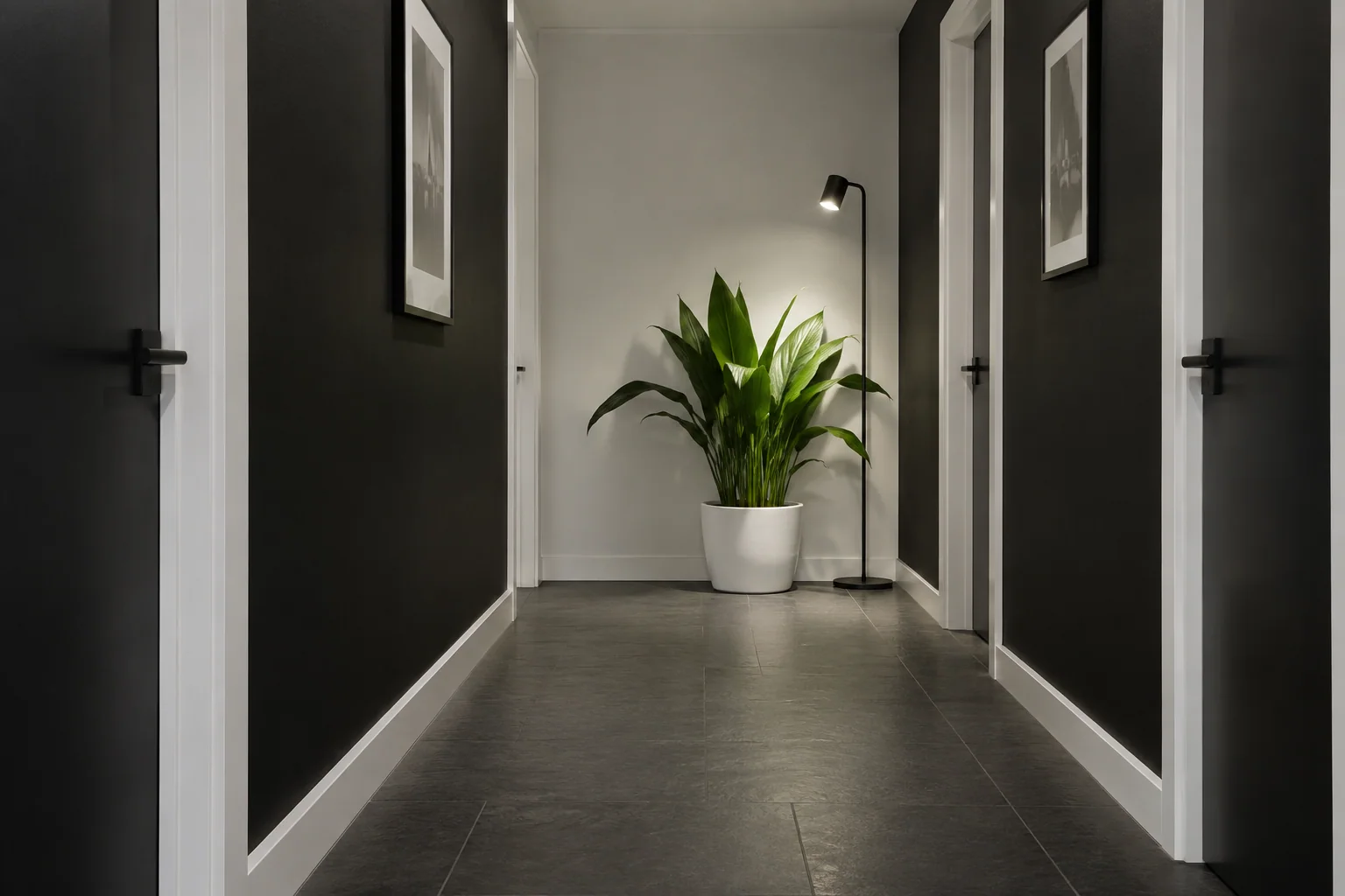 Cast iron plant in a white pot under a standing grow lamp at the end of a windowless hallway