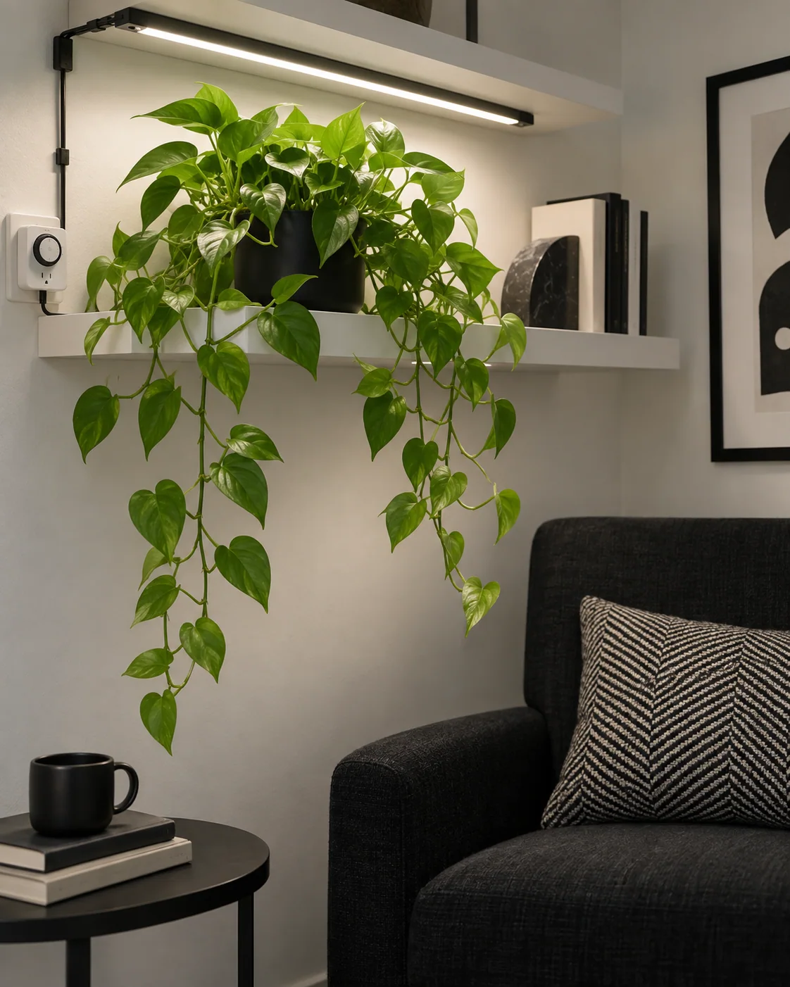 Jade pothos trailing from a shelf beneath an LED grow-light strip in a windowless reading nook