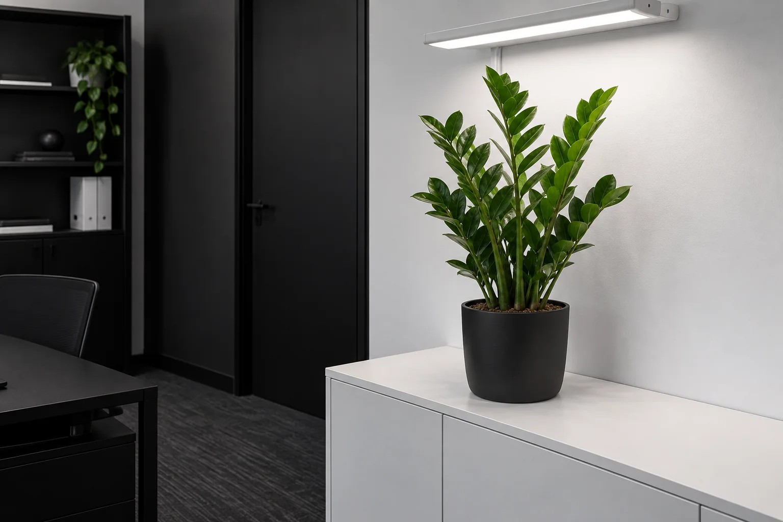 Healthy ZZ plant beneath a white grow-light bar in a windowless black-and-white office
